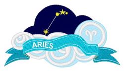 Colorful Aries constellation banner with dark blue clouds, sparkling stars, and a light blue ribbon.