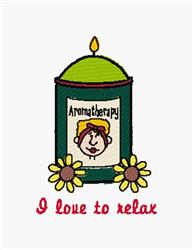 Whimsical green aromatherapy candle with a smiling face, bright yellow flowers, and 'I love to relax' text.