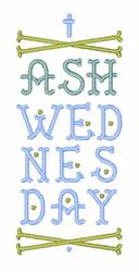 Playful design featuring 'ASH WEDNESDAY' in vertical light blue, green, and yellow letters, with decorative bones and crosses