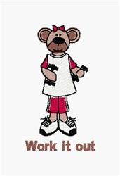 Cartoonish bear character in a sporty red and white outfit holding dumbbells. Cheerful 'Work it out' text below.
