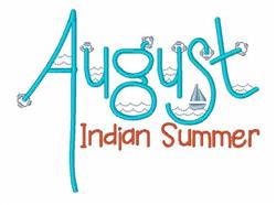 Playful text 'August' in light blue with 'Indian Summer' in orange, surrounded by waves and a sailboat, perfect for summer.