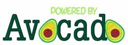 Playful text design 'Powered by Avocado' featuring vibrant green and multi-colored lettering with avocado halves and red seed
