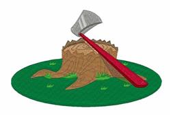 Cartoonish stump with rings topped by a bright red axe, set in vibrant green grass, creating a playful outdoor scene.