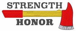 Bold graphic axe with a red head and yellow handle, featuring 'STRENGTH' and 'HONOR' in black text.
