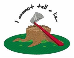 Whimsical tree stump featuring a shiny axe with a red handle, surrounded by grass, perfect for playful decor.
