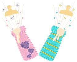 Playful baby bottles for a baby shower: a pink heart-patterned bottle and a blue striped bottle with sparkles.