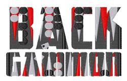 Bold 'BACK GAMMON' text with black and red checkers and triangular pieces, perfect for game night.