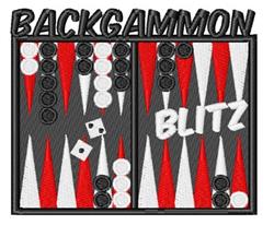 Backgammon board with vibrant red and white triangles on a black background, featuring playful dice and game pieces.