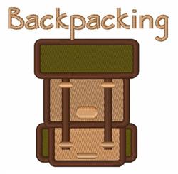 Playful backpack in earthy greens and browns with stitched texture and 'Backpacking' text, perfect for outdoor adventures.