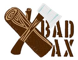Playful cartoonish axe on stacked logs with rich browns and a light blue handle, featuring bold 'BAD AX' text.