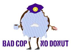 Humorous donut in cartoon style with blue frosting, purple police hat, holding coffee cup and pink donut. Text 'BAD COP NO DO