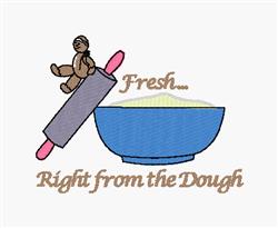 Cute baking bear character on a pink rolling pin, with a blue bowl of dough and whimsical text.