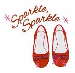 Red ballet flats with whimsical bows and 'Sparkle, Sparkle' text, embellished with cheerful sparkles.