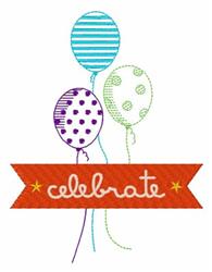 Colorful balloons with stripes, polka dots, and solids, hanging from a cheerful orange ribbon that says 'celebrate'.