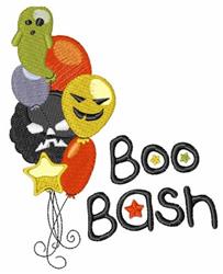 Colorful balloons with spooky faces, playful 'Boo Bash' text, and stars, perfect for Halloween celebrations.