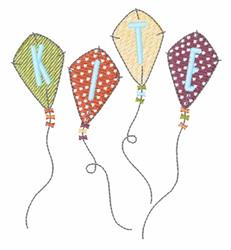Playful balloons adorned with polka dots spell 'KITE', connected by curly strings in vibrant colors.