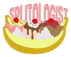 Colorful banana split with ice cream scoops and cherries, featuring playful 'SPLITOLOGIST' text above it.
