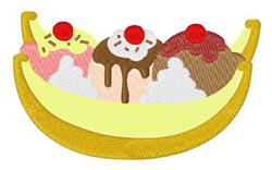Colorful banana split with three ice cream scoops, topped with cherries in a bright yellow boat for summer.