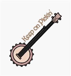 Cartoon banjo in pale pink with dark accents and a decorative edge, featuring the text 'Keep on Pickin''.
