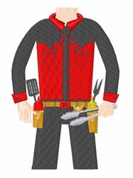 Cartoonish man in a red shirt and black pants with barbecue tools, perfect for summer cooking.
