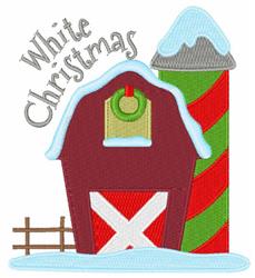 Colorful barn with red paint and white X, festive candy cane silo, snow, and 'White Christmas' text in a playful scene.