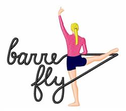 Playful cartoonish female dancer in a pink top and black shorts, striking a pose with 'barre fly' text.