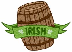 Playful barrel decorated with a vibrant green ribbon reading 'IRISH', accented with clover motifs for St. Patrick's Day.