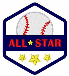Colorful baseball patch design featuring a white baseball with red stitching, bold 'ALL STAR' text, blue background, and yell
