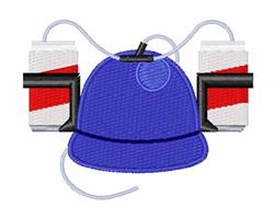 Playful baseball cap in bright blue with red and white cooler cans, designed for vibrant outdoor themes.