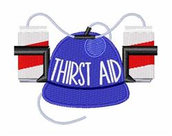 Playful baseball cap in vibrant blue with 'THIRST AID' text, flanked by red and white drink containers with straws.