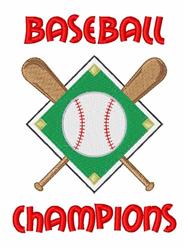 Baseball champions graphic featuring a large baseball on a green diamond, crossed bats, and bold red lettering.