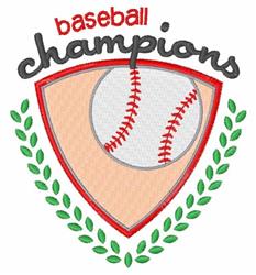 Baseball champions shield with vibrant laurel leaves and arched text in bold red and gray, perfect for sports gear.