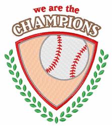 Playful baseball shield featuring 'we are the CHAMPIONS', flanked by vibrant laurel leaves, perfect for sports events.