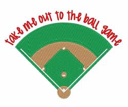 Vibrant baseball diamond design with a green field and brown infield, featuring bold red text 'take me out to the ball game'.