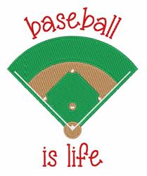 Playful baseball diamond design with a green field, brown infield, and red text saying 'baseball is life.'