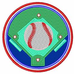 Applique baseball on a vibrant green diamond, framed with bold red stitching for a playful sports theme.