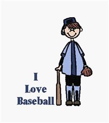Cartoon child in light blue baseball uniform holds bat and glove, with 'I Love Baseball' text below, cheerful style.
