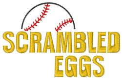 Playful design with 'SCRAMBLED EGGS' in bold yellow letters and a baseball illustration with red stitching.