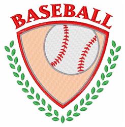 Baseball shield design in vibrant colors featuring a central baseball, red arch text 'BASEBALL', and green laurel leaves.