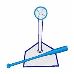 Baseball tee with a ball on top and a bat beside, featuring a playful blue outline, perfect for sports season.