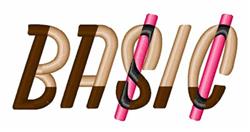 Playful lettering of 'BASIC' in rich browns and light tans with pink accents, colorful machine embroidery design.
