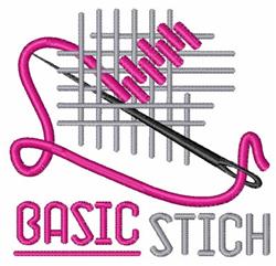 Embroidery needle with pink thread, playful style; 'BASIC STITCH' text with grid lines backdrop.