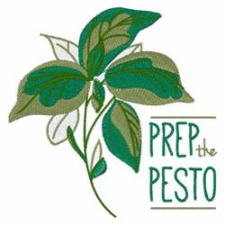 Whimsical basil plant with lush green leaves and 'PREP the PESTO' text, perfect for vibrant kitchen decor.