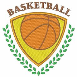 Vector-style basketball design featuring an orange ball on a yellow shield, framed by green laurel leaves for a sports event.