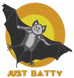 Playful bat flying against a bright yellow moon, with 'JUST BATTY' text below, perfect for Halloween decor.