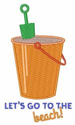 Playful beach bucket with a green shovel, bright orange color, and 'LET'S GO TO THE beach!' text for summer fun.