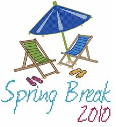 Cross stitch beach chairs in green and blue under a colorful umbrella with pink and yellow flip flops, Spring Break theme.
