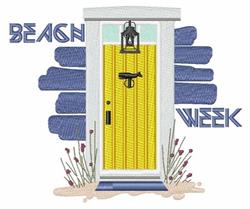 Playful yellow door with a lantern above, set against a blue background, features 'BEACH WEEK' text.