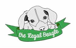 Cartoon Beagle puppy with big eyes resting on a green ribbon banner, featuring 'the Regal Beagle' in white font.