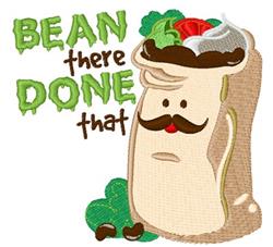 Playful cartoon-style bean bag with a mustache and broccoli, surrounded by green text 'BEAN there DONE that'.